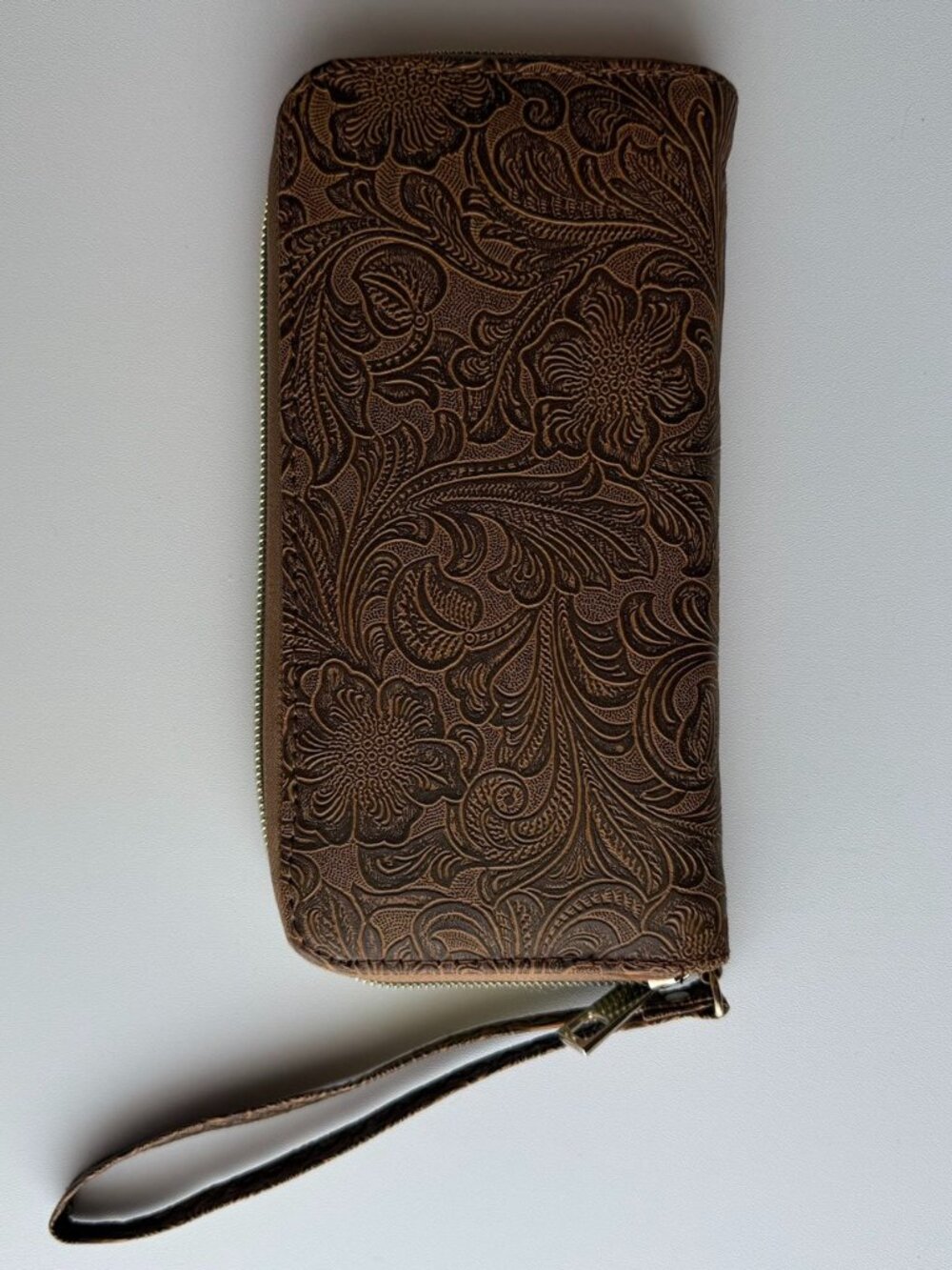 Boho Floral Embossed Wallet Wristlet Brown Faux Leather